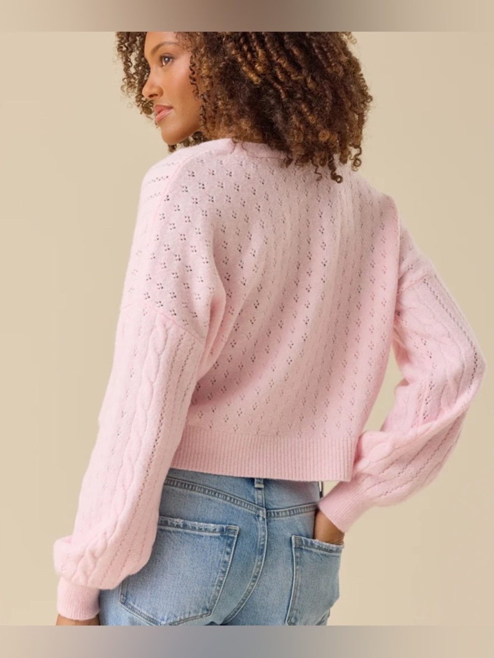 Altar'd State Light Pink Cropped Knit Cardigan with Rose Buttons: Medium - Picture 2 of 6